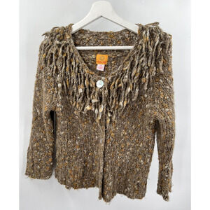 Ruby Rd Wool Blend Brown Knit At-Waist Sweater Lion's Mane Collar Womens Medium